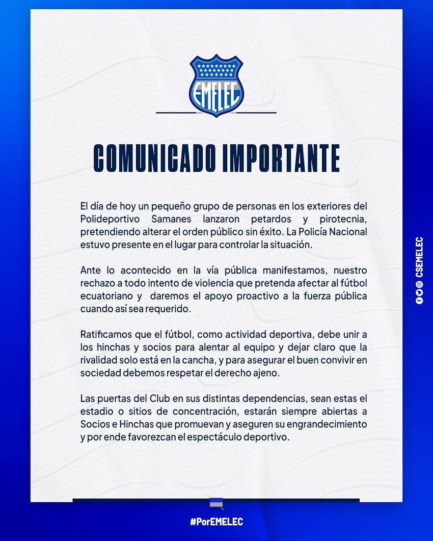 Emelec comunicado hinchas complejo Samanes
