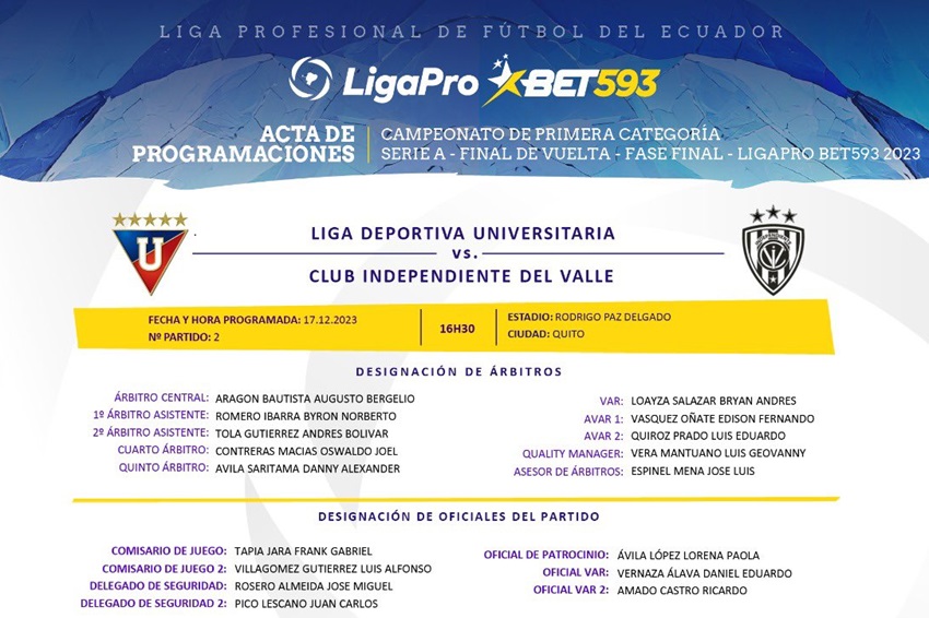 árbitros final Liga de Quito Independiente del Valle augusto aragón