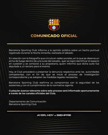 Barcelona SC arma de fuego Noche Amarilla